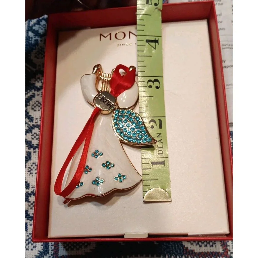 Monet Angel Harp‎ Ornament Pendant White Enamel Blue Rhinestone Christmas